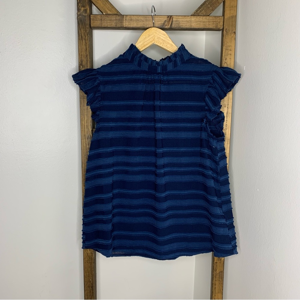 VOY Navy Blue Striped Ruffle Sleeve Top Size S